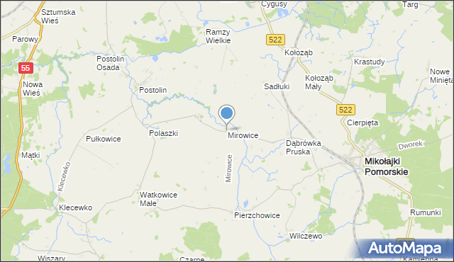 mapa Mirowice, Mirowice gmina Mikołajki Pomorskie na mapie Targeo